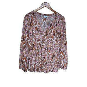 J. Jill woman size 1X Pin-tuck Tunic 100% Rayon Top Earthy Peach Tribal Print